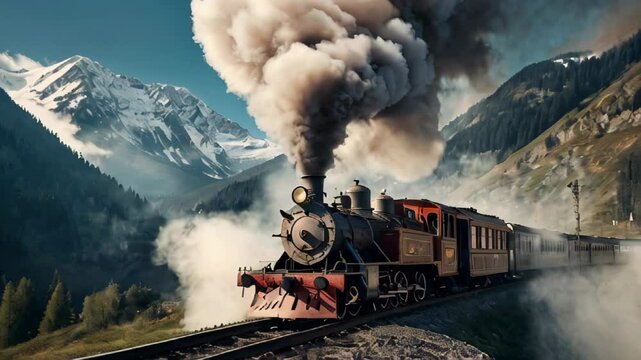 An old retro train in clouds of smoke against the backdrop of the Alpine mountains. AI