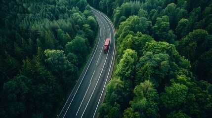 Fototapeta premium Aerial top view of a highway in a green forest, featuring hydrogen energy trucks and cars, emphasizing sustainable transport and clean energy