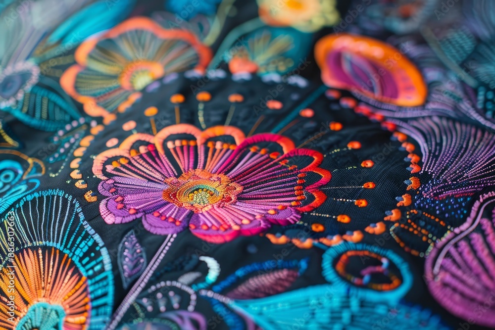 Poster detailed view of a multicolored textile showcasing intricate patterns and vibrant hues, creating int