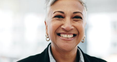 Senior woman, business ceo closeup and laughing face in a office with consultant manager...