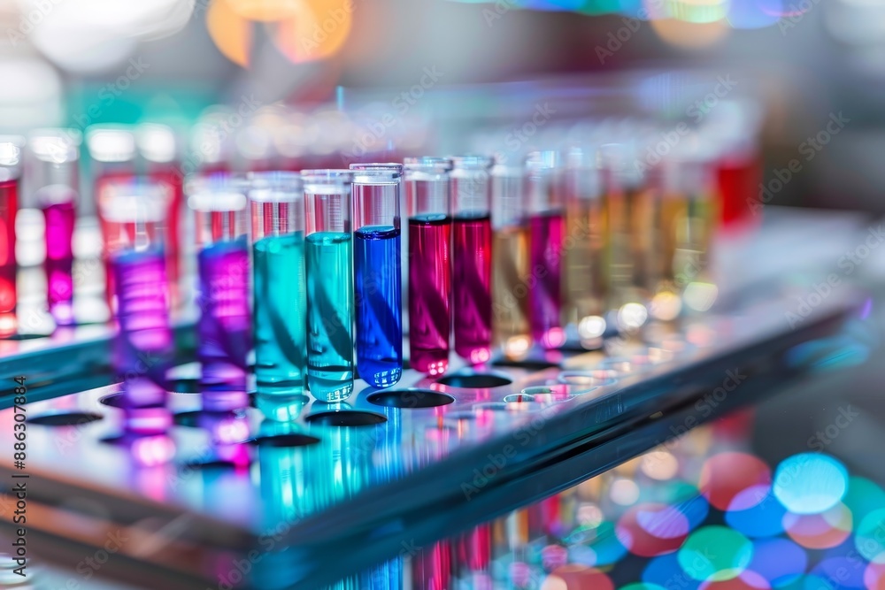 Poster multiple test tubes filled with various colored liquids lined up in a row, creating personalized tre