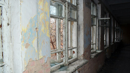 old abandoned premises, ruin. empty territories, abandoned houses. concept of war, Chernobyl disaster, apocalypse. brick buildings. sad view, heavy atmosphere. desolation and destruction of the abode