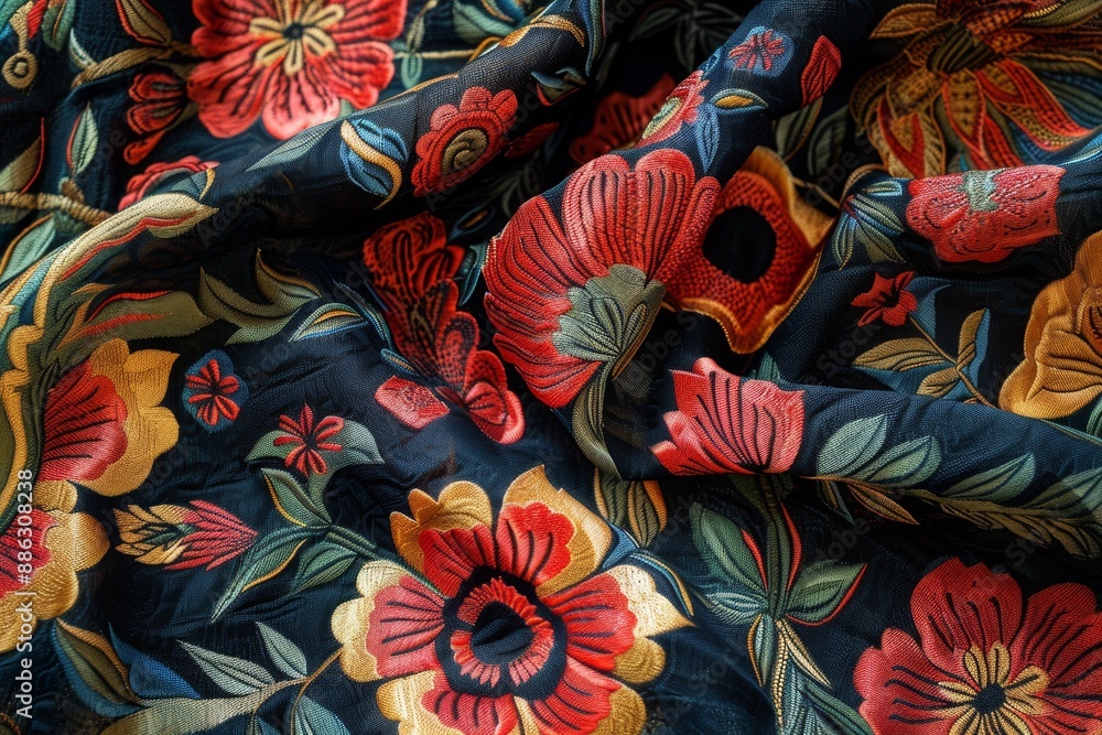 Poster a detailed view of a textile with intricate floral patterns and vibrant colors, creating intricate p