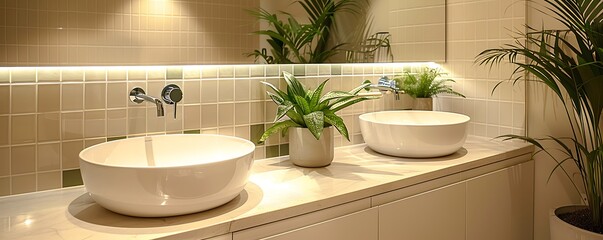 Modern beige bathroom with sleek cream tiles, a contemporary white sink, and subtle sage green accents, complemented by chrome fixtures and a small potted plant