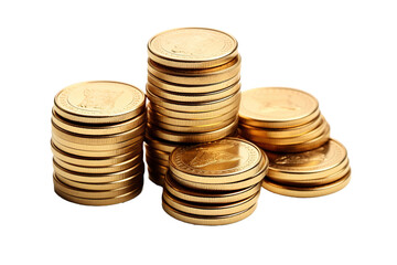 Gold Coins Isolated on transparent Background. Stacks of shiny coins for display or collecting