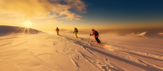 Skiing Towards the Sunset on a Snowy Mountain