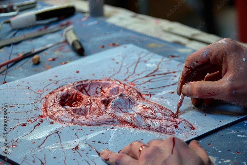 Poster a person is seen painting a detailed skull on a piece of paper, creating visual guides for identifyi