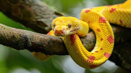 Yellow Tree Python with Red Spots on a Branch