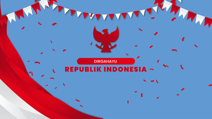 August 17th. Indonesian Independence Day Greeting Card. Waving Indonesian flag isolated on red background. Patriotic symbolic background vector illustration