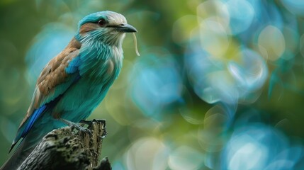 Indian Roller Bird with a Worm in Its Beak