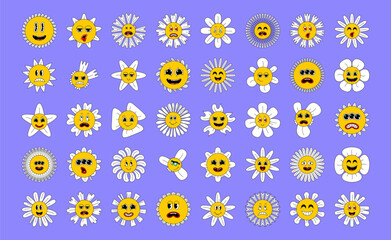 Cartoon Daisy flowers set with funny smiling faces. Cute comic chamomile characters in cartoon retro style with outline. Happy sunny chamomiles. Bloom chamomile emoji.
