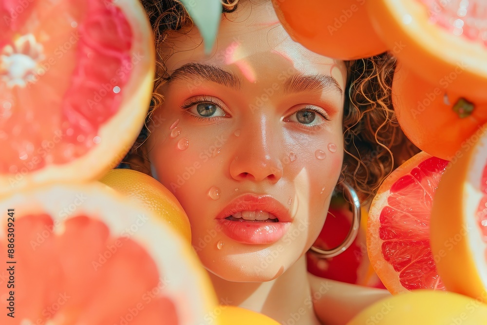 Poster a woman stands surrounded by a variety of oranges and grapefruits in a vibrant display, creating vis
