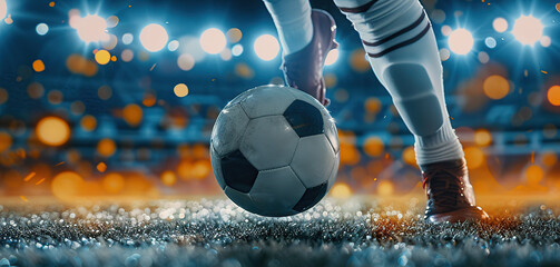 A close-up of a soccer player playing in the rain against a stadium light background