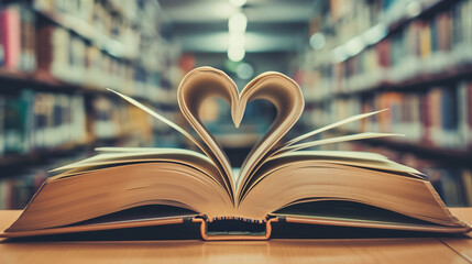 Book of love with open literary page in the shape of hearts. School office for national library lovers month and learning concept.