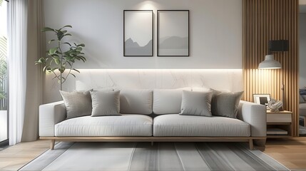 Fototapeta premium Elegant minimalist sofa with sleek lines, neutral tones, Scandinavian design, minimalist artwork on wall, soft natural lighting, contemporary decor, high detail, photorealistic