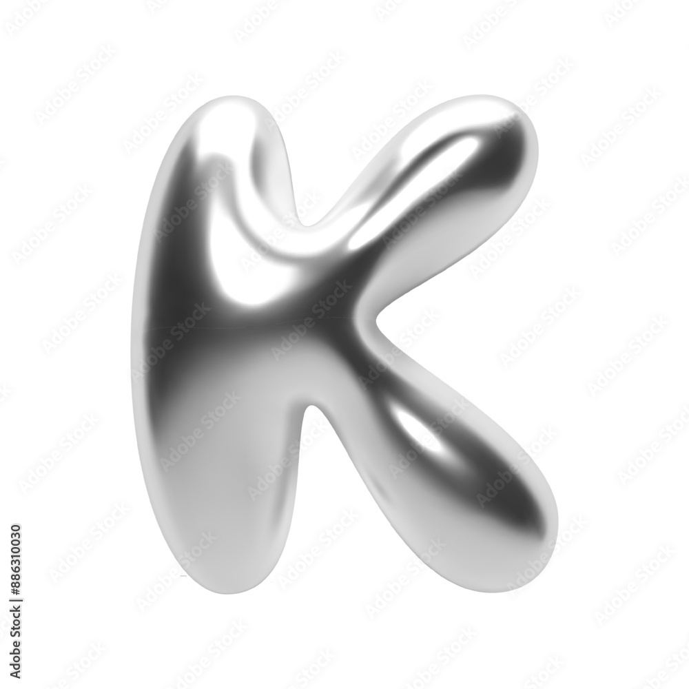 Poster 3d chrome letter k in futuristic y2k bubble style. inflated liquid metal form with shiny silver glos