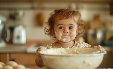 A happy toddler playing with a bowl of flour in a kitchen.
