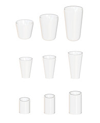 3D glass cup collection on white background.