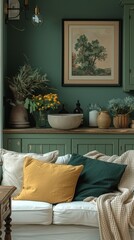 Fototapeta premium Living room in green tones with paintings, yellow and green pillows on a white sofa, wooden table, vases with flowers, green wall with shelves and plants creating a cozy atmosphere.