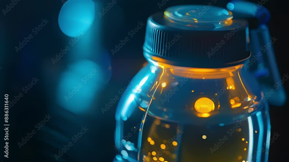 Poster the led light indicator on a smart hydration bottle which changes color to alert the user when its t