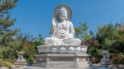 Large serene white marble statue of Buddha sitting on a lotus flower pedestal with a peaceful expression and hand raised in a blessing gesture surrounded by lush greenery and stone lion statues