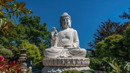Serene Buddha statue amidst lush greenery and vibrant flowers