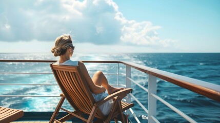 Young woman relaxing on an outdoor deck of a cruise ship looking at view of the sea on a luxury travel to cross the ocean