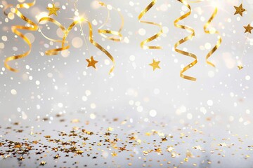 Magic holiday abstract glitter background with blinking stars and falling snowflakes. Blurred bokeh of Christmas lights.