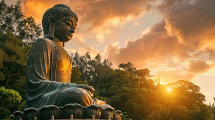 Large bronze buddha statue at sunset with golden sky and green trees