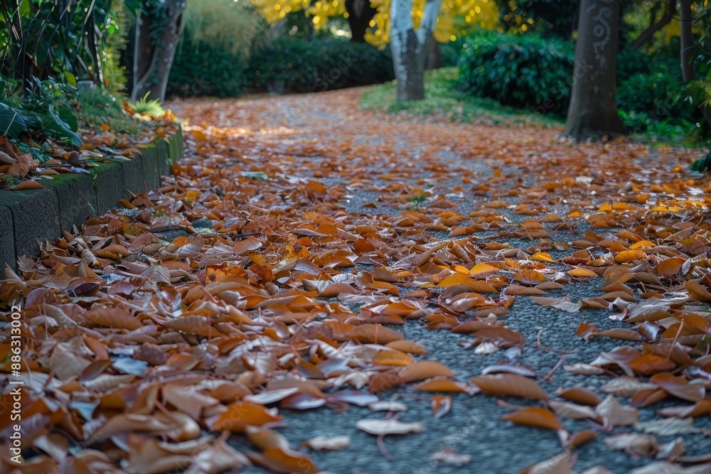 Wall mural A path in the park covered with rustling leaves, creating a carpet-like effect, Crisp, rustling leaves carpeting a pathway