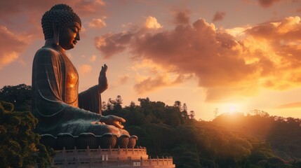 Fototapeta premium Tranquil Giant Buddha Statue Overlooking Lush Greenery and Sunset