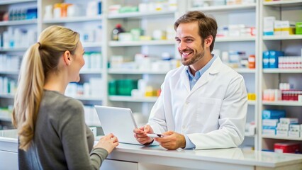 Happy pharmacist assisting customer in drugstore with purchasing medication, pharmacist, customer, medicine