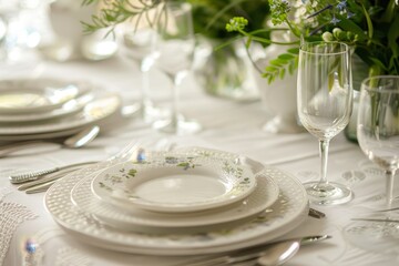 Fototapeta premium A table elegantly set with white plates and silverware on a crisp white tablecloth, Crisp white tablecloth adorned with delicate place settings