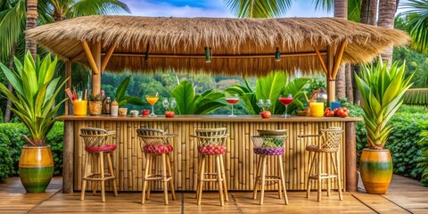 Tropical tiki bar with bamboo furniture, palm leaf decor, and colorful cocktails, tiki bar, tropical, bamboo, palm leaf
