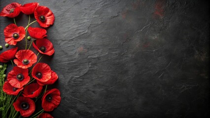 Victory in Europe Day postcard with poppies on black background, Victory in Europe Day, V-E Day, postcard