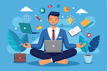 Genius businessman meditating while working on floating laptop, showcasing expertise and smart thinking for problem-solving