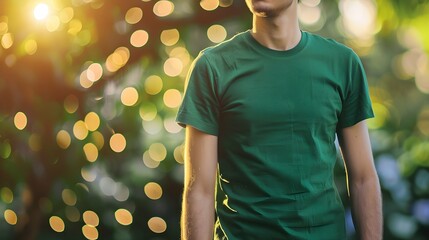 Young man wearing green tshirt for mockup on blurred bokeh background.