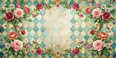 Alice in Wonderland inspired watercolor floral frame on grunge diamond Victorian background, watercolor, floral