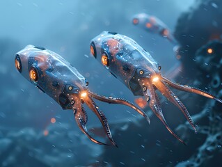 deep-sea exploration scene where AI-powered submarines and drones observe and interact with squids, collecting data and providing real-time analysis of their behavior and habitat.