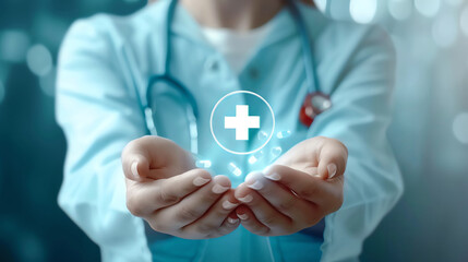 Hand of a woman holding medical plus icon, health insurance concept, glowing background, healthcare access,