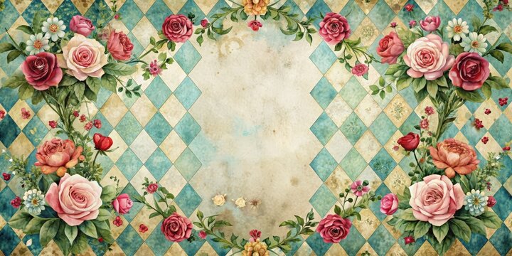 Alice in Wonderland inspired watercolor floral frame on grunge diamond Victorian background, watercolor, floral