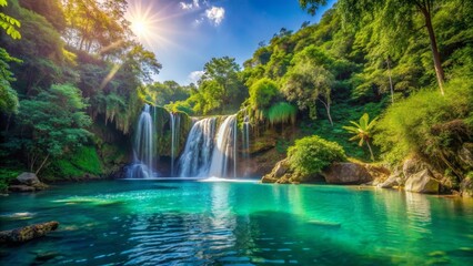 Waterfall cascading into crystal clear bay surrounded by lush greenery on a sunny day, waterfall, cascades, crystal clear