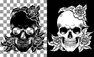 Skull Roses Engraved Woodcut Etching Tattoo Design