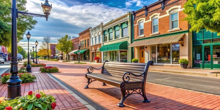 Park bench in small town USA main street with commercial storefronts, small town, USA, main street