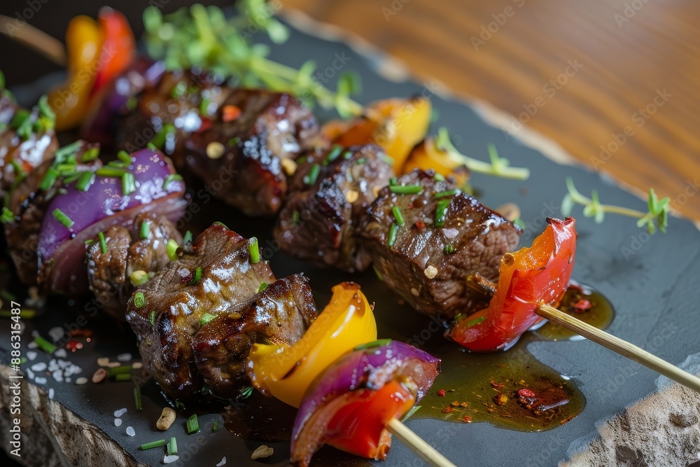 Poster a close-up view of a skewer of crispy caramelized beef pieces arranged on a plate, crispy, carameliz