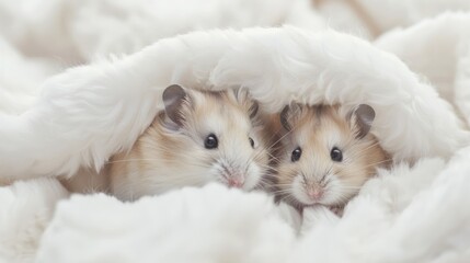 Obraz premium Two Adorable Hamsters Huddled Under a White Blanket