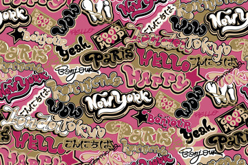 Abstract seamless graffiti pattern with urban graffiti words, text New York, Paris, Kyiv, Tokyo, hello, happy. Typography ornament. Street art style text print for sport textile, wrapping paper.
