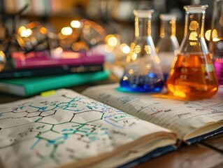 Stack chemistry textbooks or open laboratory notebooks with handwritten notes and diagrams, leaving space for educational content or study guides related to chemical principles.
