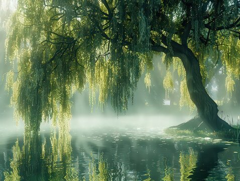 serene yet sorrowful image of a weeping willow tree, with its drooping branches and leaves reflecting a state of mourning and reflection.