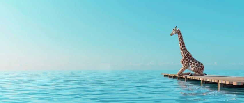 Giraffe on a Wooden Pier Overlooking the Sea